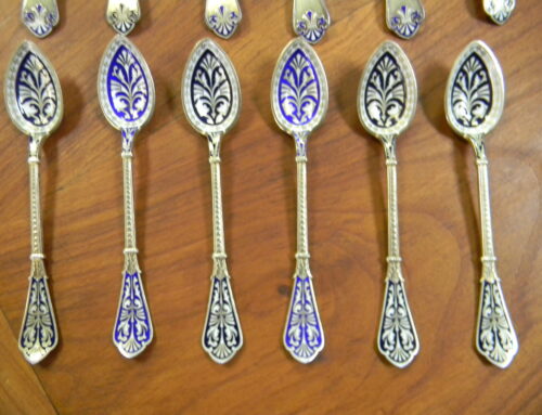 Set of 12 Enameled Silver Spoons.