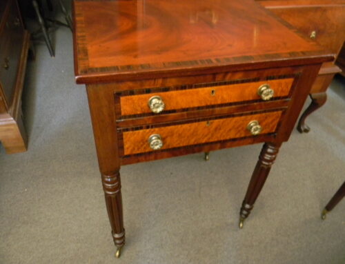 Maple & Mahogany Inlaid Reeded Leg 2 Drawer Side Table American Circa 1810