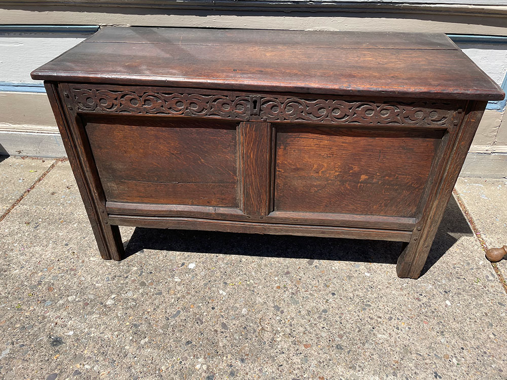 Carved Oak Coffer Circa 1740 -42”w